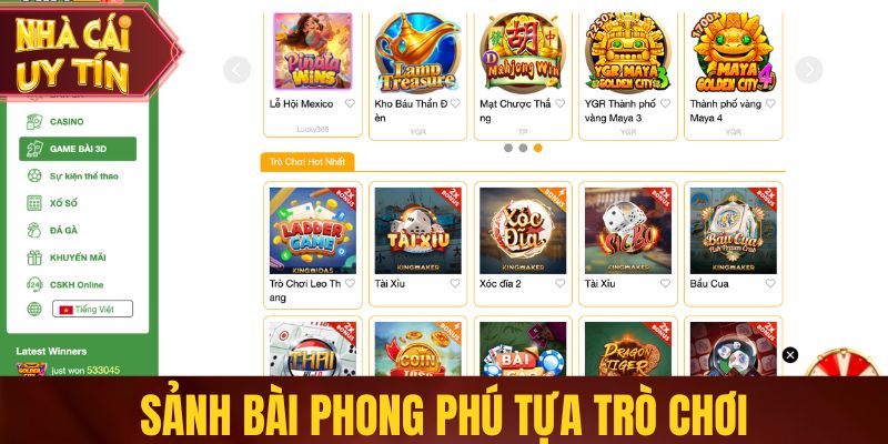 Sảnh bài phong phú tựa trò chơi